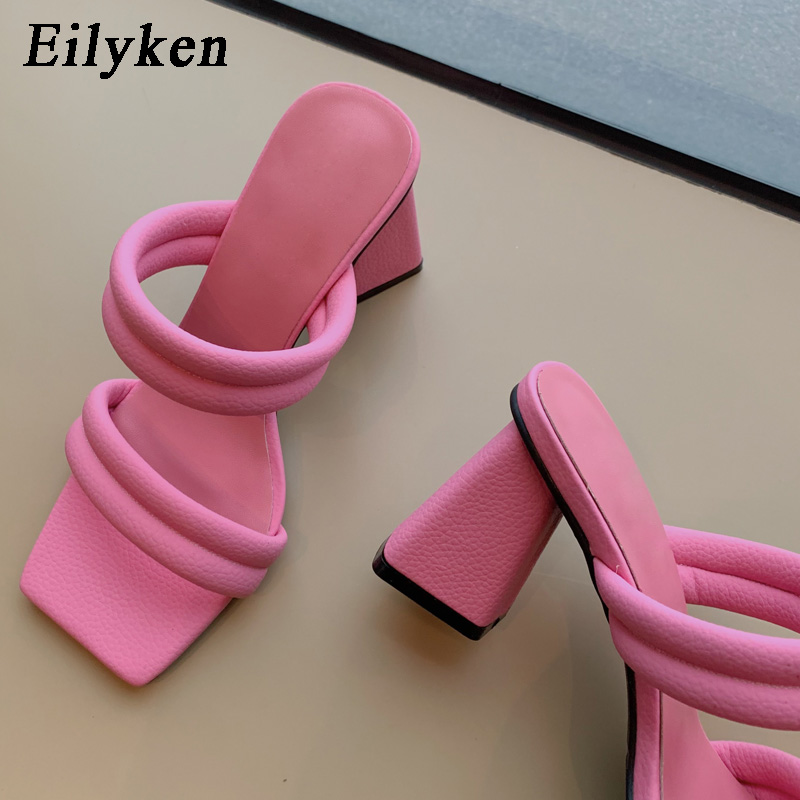 Eilyken 2022 Summer New Women Slipper Fashion Candy Color Ladies Outdoor Beach Slides Square Med Heel Peep Toe Sandal Shoes